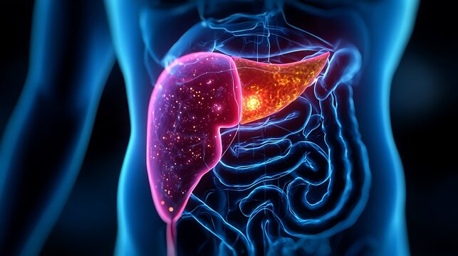 High quality image of anatomical 3D illustration of human liver disease with glowing infected cells in a blue body.