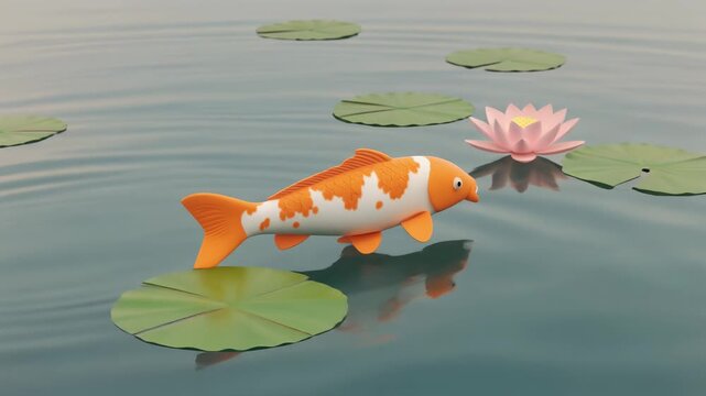 orange koi carp gliding through a minimalistic zen pond with soft water ripples