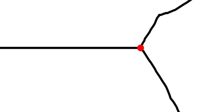 Two curved branches separate from a thin straight line. A red dot marks the junction.