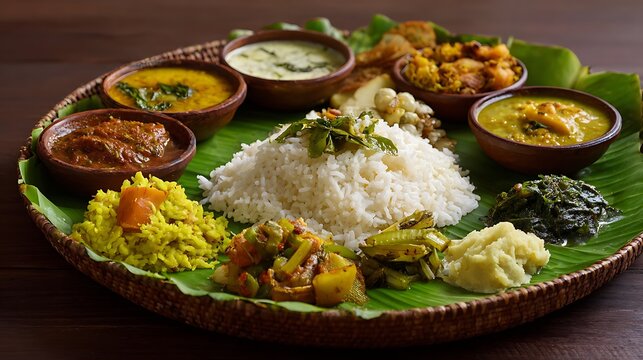 High quality image of traditional South Indian Thali served on a green banana leaf with rice, various curries, and side dishes.