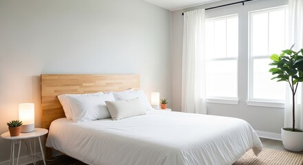 Fototapeta premium A minimalist bedroom with a wooden headboard, white bedding, and potted plants.
