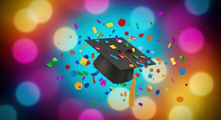Academic achievement celebration amidst a burst of joyous confetti and bokeh lights