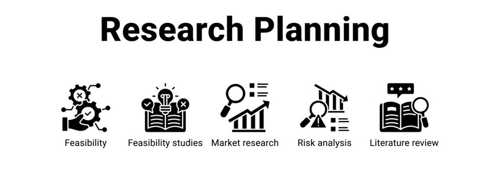 Research Planning web banner icon vector illustration concept ,  with icon of Feasibility, Feasibility studies, Market research, Risk analysis.