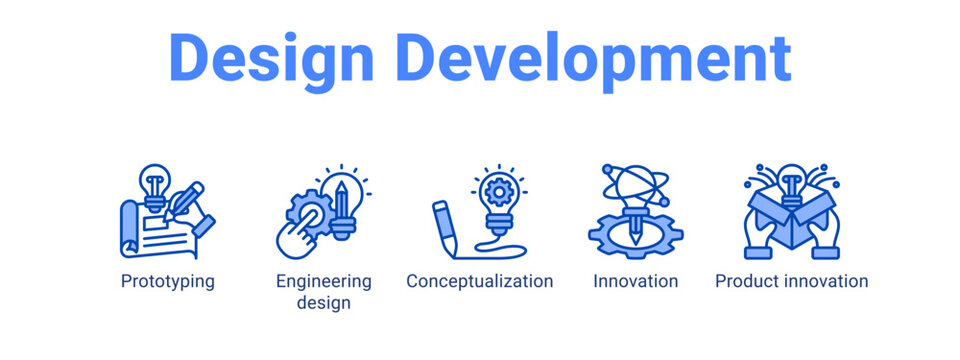 Design Development web banner icon vector illustration concept ,  with icon of Prototyping, Engineering design, Conceptualization, Innovation.