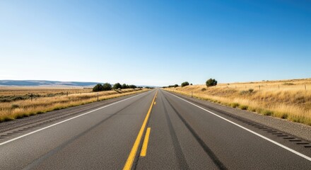 Fototapeta premium A long, straight road with yellow stripes in the middle, leading into the distance with a clear blue sky and a few trees on the side.