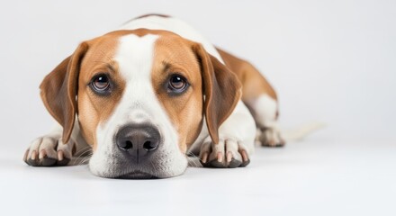 A brown and white beagle dog lying on a white surface with its head resting on its paws.
