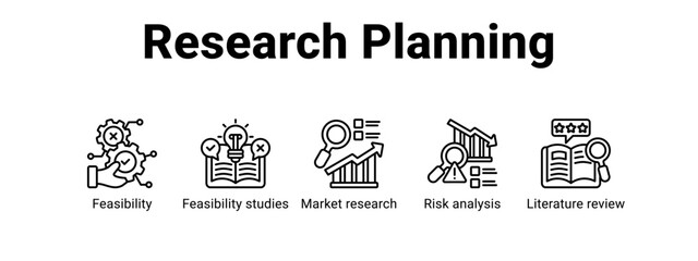 Fototapeta premium Research Planning web banner icon vector illustration concept , with icon of Feasibility, Feasibility studies, Market research, Risk analysis.