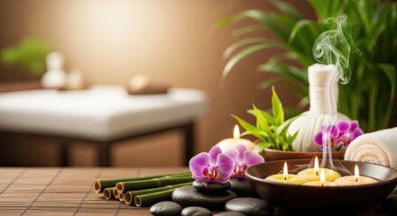 A serene spa setting with candles, bamboo, and orchids.