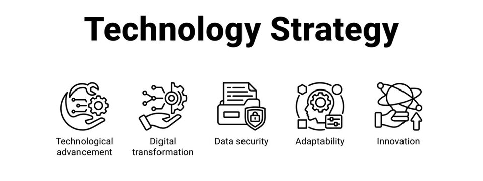 Technology Strategy web banner icon vector illustration concept ,  with icon of Technological advancement, Digital transformation, Data security.