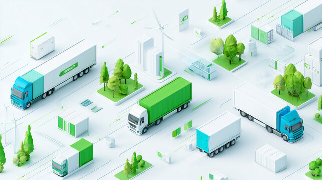 Futuristic 3D isometric visualization of a sustainable green logistics system, featuring eco-friendly trucks and wind turbines in a lush, stylized urban environment