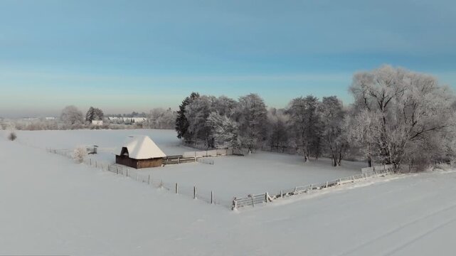 Aerial footage of a deeply snow-covered landscape outside Hamburg