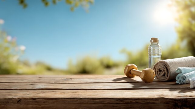 High quality image of fitness objects on a rustic wooden table against a sunny blurred outdoor background.