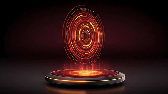 A glowing red circular object on a platform viewed from the front in a dark environment 15 sor 126 reference