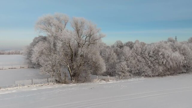 Aerial footage of a deeply snow-covered landscape outside Hamburg