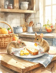 Lenormand Card &ldquo;Mice&rdquo; &ndash; Storybook Watercolor Illustration of Mice Stealing Food in the Kitchen
ルノルマンカード「ネズミ」キッチンで盗み食いをするネズミたちの物語風水彩イラスト