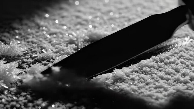 Knife Cutting Through Pile of Powdered Substance in Shadowy Setting