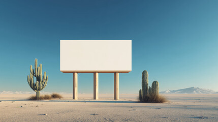 Minimalist desert landscape featuring a single blank white billboard and sparse cacti under a vast, clear sky, symbolizing clarity and bold messaging