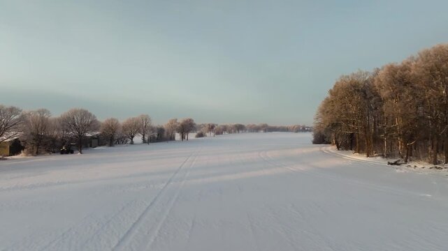 Aerial footage of a deeply snow-covered landscape outside Hamburg