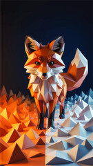 Obraz premium Low poly fox standing between fire and ice mountains, geometric animal art, blue and orange fantasy landscape illustration