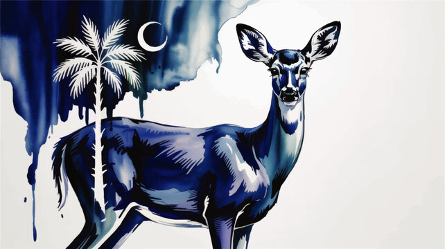 Blue watercolor deer illustration with palm tree and crescent moon, modern wildlife art for wall decor and design