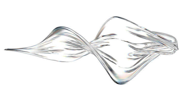 A shimmering, abstract wave of transparent glass or liquid, dynamically twisted against a deep black background, showcasing iridescent light and elegant refractions.