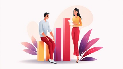 Two Business Professionals Analyzing Data with Colorful Bar Graphs Surrounded by Stylized Leaves in a Modern Office Setting