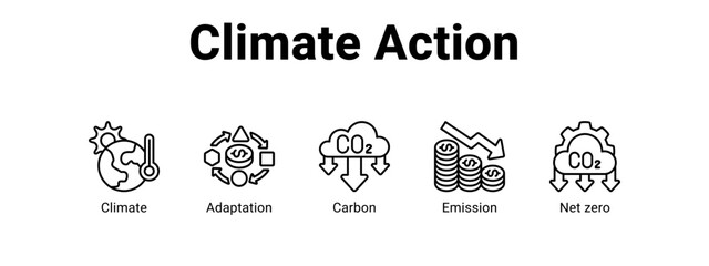 Fototapeta premium Climate Action web banner icon vector illustration concept , with icon of Climate, Adaptation, Carbon, Emission.