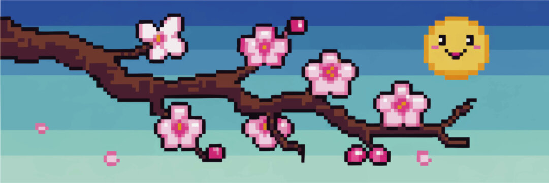 Cute pixel art cherry blossom branch with smiling sun in blue sky, retro 8 bit spring background, kawaii floral game banner