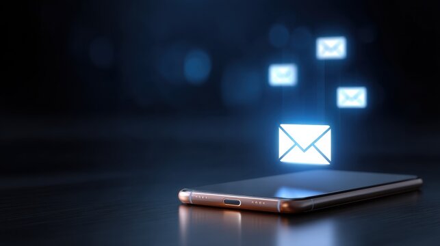 Modern smartphone with glowing email notifications on dark background, illustrating digital communication and connectivity in today's world - Powered by Adobe