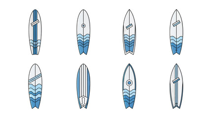 Set of Surfboard Icons with Wave Designs and Stripes