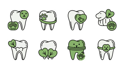 Cute Tooth Icons with Paw Prints and Leaves