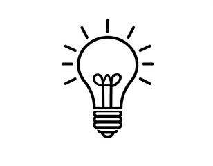 Lightbulb illustration simplistic black outline on white, radiating ideas and energy