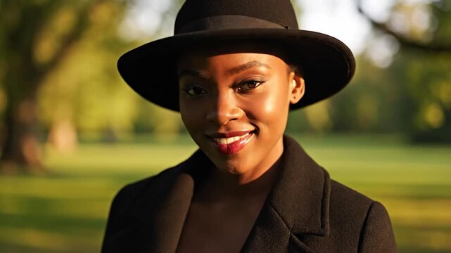 Portrait of a woman in a black hat and coat, illuminated by warm sunlight in a park