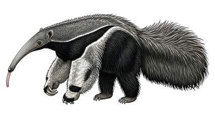 Giant Anteater with Long Snout and Bushy Tail Isolated on White Background