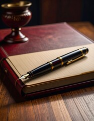 A fountain pen rests on a notebook beside an antique inkwell