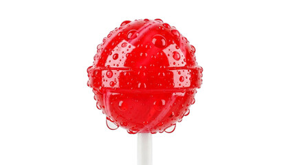 Juicy red lollipop with water droplets, isolated on white background, studio shot
