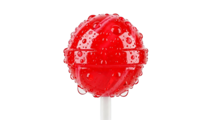 Juicy red lollipop with water droplets, isolated on white background, studio shot