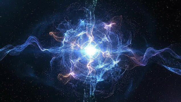 Abstract energy wave and light particles in a dark cosmic environment, representing quantum physics and digital technology.