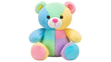 Colorful Patchwork Plush Teddy Bear Toy isolated PNG with Transparent Background