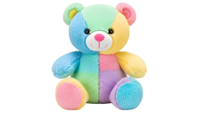Colorful Patchwork Plush Teddy Bear Toy isolated PNG with Transparent Background