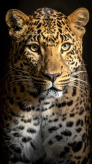 Obraz premium Leopard head-on portrait with a mottled yellow and black fur coat and piercing eyes