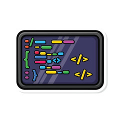 A colorful coding symbol on a dark blue background