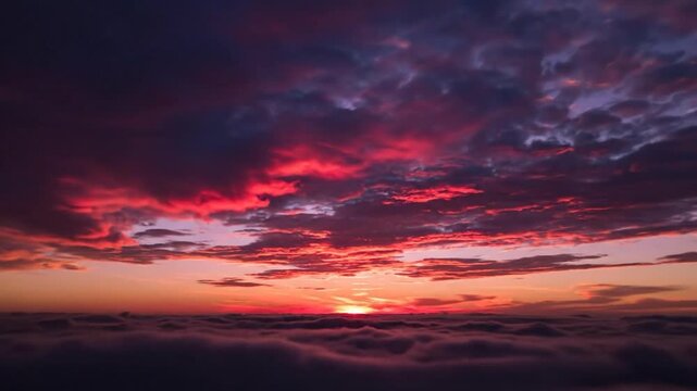 Vibrant orange and purple sunset over a dramatic sea of clouds, with sun peeking through