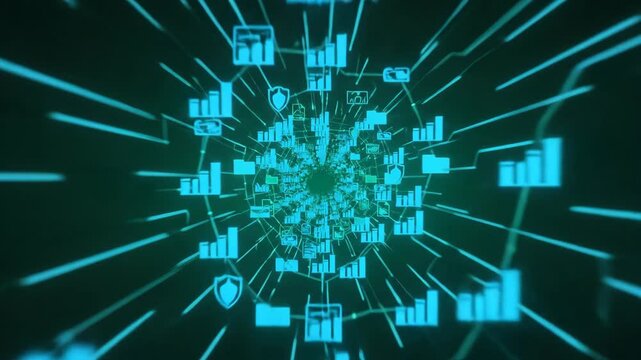 Digital tunnel of data and charts, technology and security icons forming a futuristic network, abstract data flow visualization