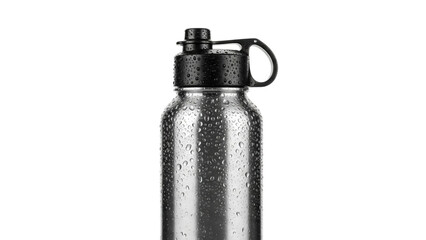 Cold Metal Water Bottle with Water Droplets on White Background