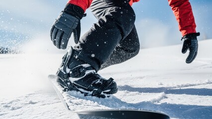 Snowboarding on a Sunny Ski Resort Slope in Winter with Copy Space