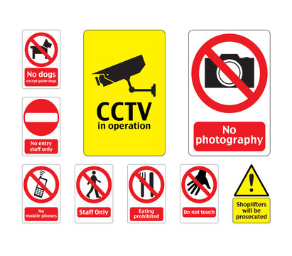 Set of vector safety and prohibition signs. Includes CCTV, no photography, no entry, no dogs, no food, do not touch, and shoplifting warning icons for public security.