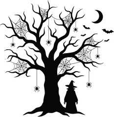 Halloween witch silhouette illustration, spooky bare tree with spider webs, bats and moon, dark fantasy night artwork
