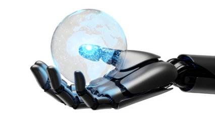 3D Render, Realistic Robotic Hand Holding Glowing Earth Globe with Blue Light isolated PNG with Transparent Background