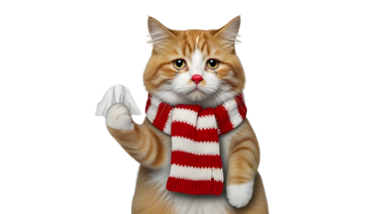 Ginger tabby cat with red and white striped scarf holding white tissue with red nose isolated PNG with Transparent Background